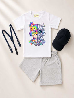 MALKIAT - White Unisex Graphic Print T-Shirt with Shorts and Cap Suspenders