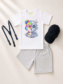 MALKIAT - White Unisex Graphic Print T-Shirt with Shorts and Cap Suspenders