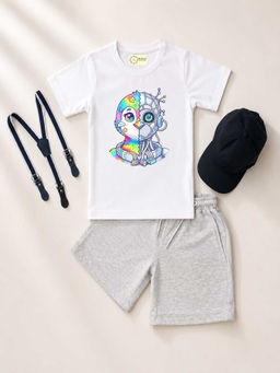 MALKIAT - White Unisex Graphic Print T-Shirt with Shorts and Cap Suspenders