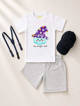MALKIAT - White Unisex Graphic Print T-Shirt with Shorts and Cap Suspenders
