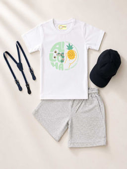 MALKIAT - White Unisex Graphic Print T-Shirt with Shorts and Cap Suspenders