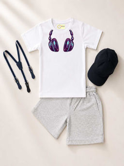MALKIAT - White Unisex Graphic Print T-Shirt with Shorts and Cap Suspenders