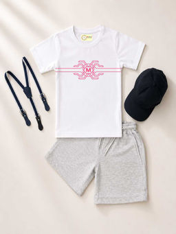 MALKIAT - White Unisex Graphic Print T-Shirt with Shorts and Cap Suspenders