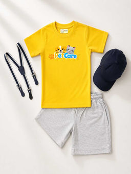 MALKIAT - Yellow Unisex Graphic Print T-Shirt with Shorts and Cap Suspenders
