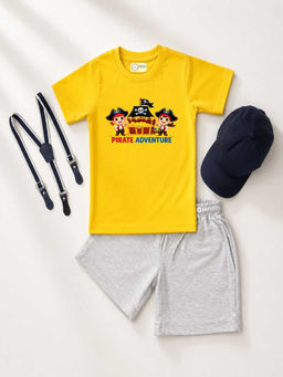 MALKIAT - Yellow Unisex Graphic Print T-Shirt with Shorts and Cap Suspenders