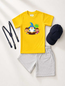 MALKIAT - Yellow Unisex Graphic Print T-Shirt with Shorts and Cap Suspenders