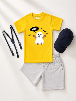 MALKIAT - Yellow Unisex Graphic Print T-Shirt with Shorts and Cap Suspenders