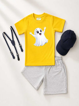 MALKIAT - Yellow Unisex Graphic Print T-Shirt with Shorts and Cap Suspenders