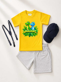MALKIAT - Yellow Unisex Graphic Print T-Shirt with Shorts and Cap Suspenders