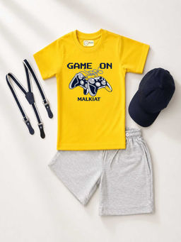 MALKIAT - Yellow Unisex Graphic Print T-Shirt with Shorts and Cap Suspenders