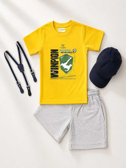 MALKIAT - Yellow Unisex Graphic Print T-Shirt with Shorts and Cap Suspenders