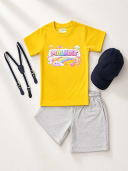 MALKIAT - Yellow Unisex Graphic Print T-Shirt with Shorts and Cap Suspenders