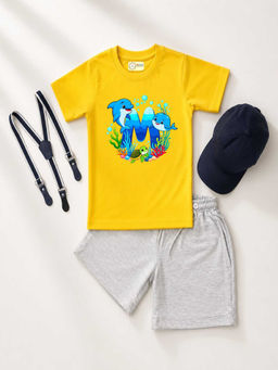 MALKIAT - Yellow Unisex Graphic Print T-Shirt with Shorts and Cap Suspenders