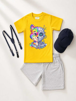 MALKIAT - Yellow Unisex Graphic Print T-Shirt with Shorts and Cap Suspenders