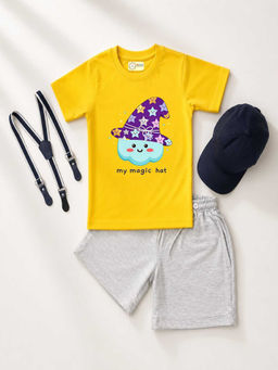 MALKIAT - Yellow Unisex Graphic Print T-Shirt with Shorts and Cap Suspenders