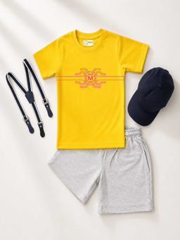 MALKIAT - Yellow Unisex Graphic Print T-Shirt with Shorts and Cap Suspenders