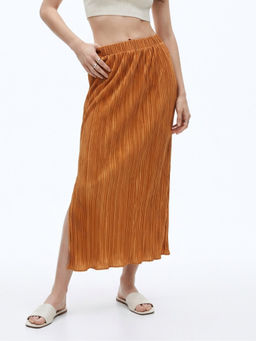 Outzidr - Mustard High Waist Textured Slit Skirt