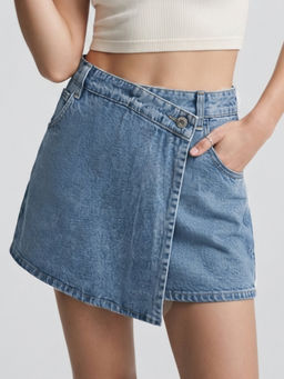 Outzidr - Blue Tinted Wrap Over Denim Skirt