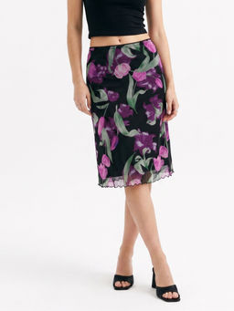 Outzidr - Black Floral Printed Mesh Skirt