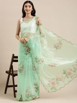 Vastranand - Solid Colour Organza Party Wear Saree With Aari Work Butta with Unstitched Blouse