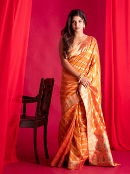 Beatitude - Orange Banarasi Saree with Unstitched Blouse