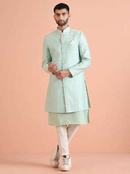 KISAH - Men Aqua Green Kurta with Sherwani and Trouser (Set of 3)