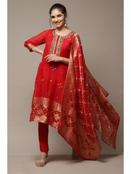 Biba - Red Georgette Unstitched Suit (Set of 3)