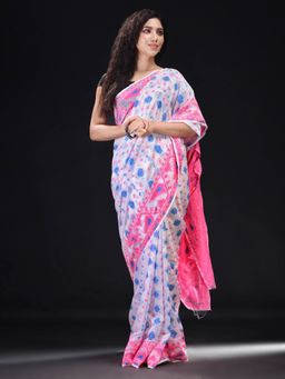 Beatitude - White Cotton Silk Woven Jacquard Jamdani Saree with Unstitched Blouse