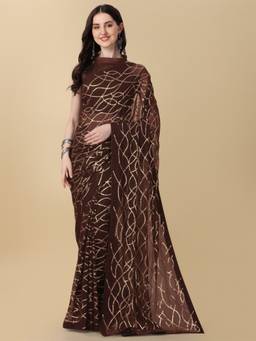 Amrutam Fab - Womens Georgette Embellished Sequence Work Brown Saree with Unstitched Blouse