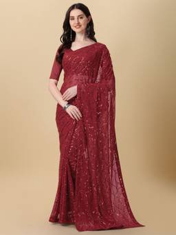 Amrutam Fab - Womens Georgette Embellished Sequence Work Maroon Saree with Unstitched Blouse