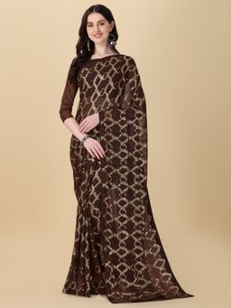 Amrutam Fab - Womens Georgette Sequence Thread Work Brown Saree with Unstitched Blouse