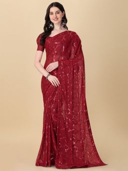 Amrutam Fab - Womens Georgette Sequence Thread Work Maroon Saree with Unstitched Blouse