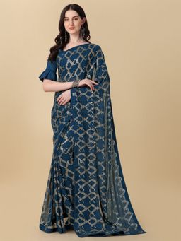 Amrutam Fab - Womens Georgette Sequence Thread Work Morpich Teal Saree with Unstitched Blouse
