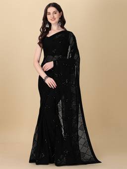 Amrutam Fab - Womens Georgette Sequence Embroidered Work Black Saree with Unstitched Blouse