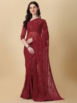 Amrutam Fab - Womens Georgette Sequence Embroidered Work Maroon Saree with Unstitched Blouse