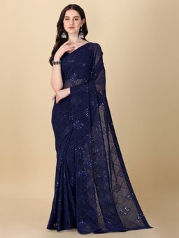 Amrutam Fab - Womens Georgette Sequence Embroidered Work Navy Blue Saree with Unstitched Blouse