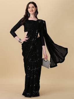 Amrutam Fab - Womens Georgette Sequence Thread Work Black Saree with Unstitched Blouse