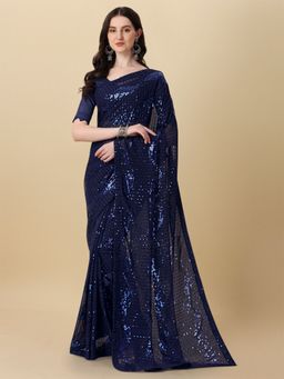 Amrutam Fab - Womens Georgette Sequence Thread Work Navy Blue Saree with Unstitched Blouse