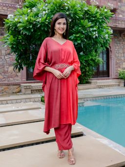LIROSE - Red-maroon Ombre Kaftan (Set of 2)