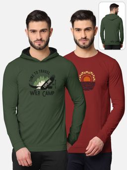 BULLMER - Printed Full Sleeve T-shirt For Men Green And Rust (Pack of 2)