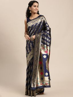 VAIRAGEE - Navy Blue and Golden Ethnic Motifs Silk Saree with Unstitched Blouse