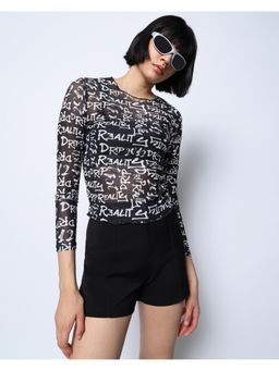 Bewakoof - Air 1.0 Womens Black All Over Printed Slim Fit Short Top