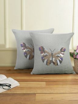 Eyda - Butterfly Grey Color Cotton Hand Work Cushion Cover Set of 2 (18x18 Inch)