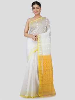 PinkLoom - Women's Soft Cotton Blend Jamdani Saree Without Blouse Piece,White