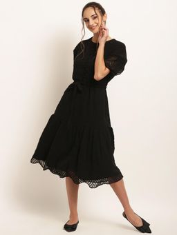 RARE - Black Lace Belted Tiered Midi Dress