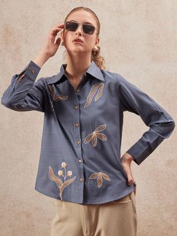 FITHUB - Grey Embroidered Collared Shirt