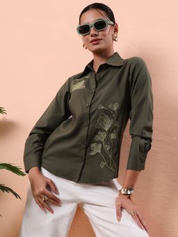 FITHUB - Olive Green Thread Embroidered Casual Shirts