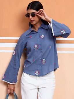 FITHUB - Blue Thread Embroidered Kimono Sleeves Shirt