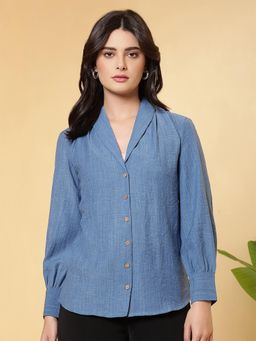 FITHUB - Blue Shawl Lapel Collar Puff Sleeves Shirt