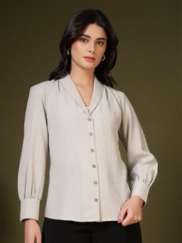 FITHUB - Beige Shawl Lapel Collar Puff Sleeves Shirt